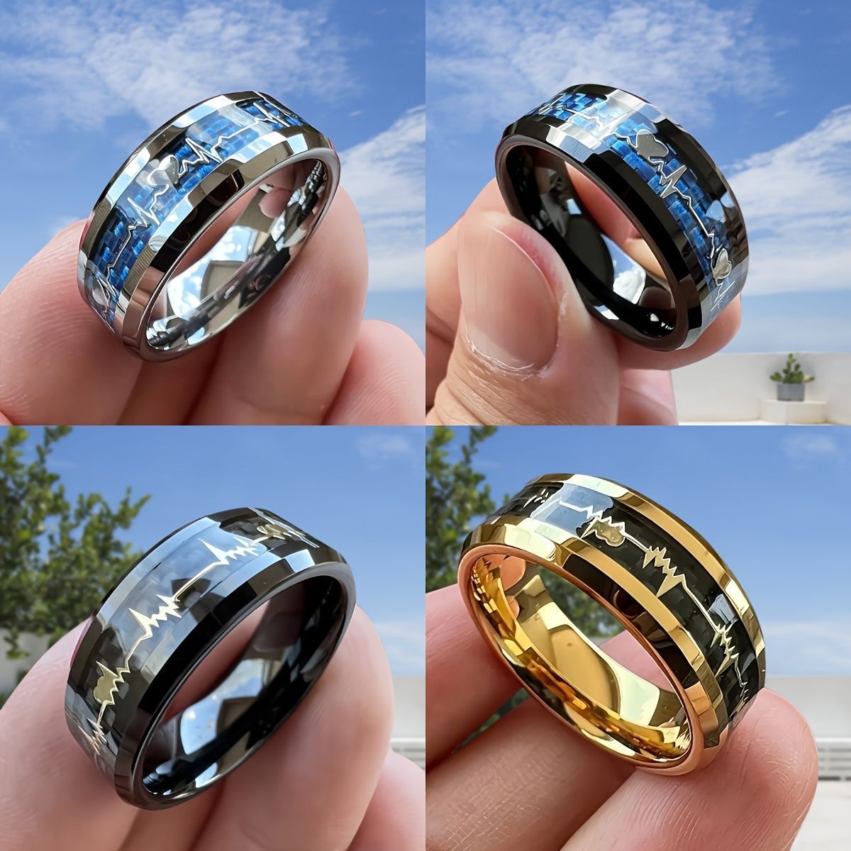 Stainless Steel Ring Heartbeat Design With Carbon Fiber