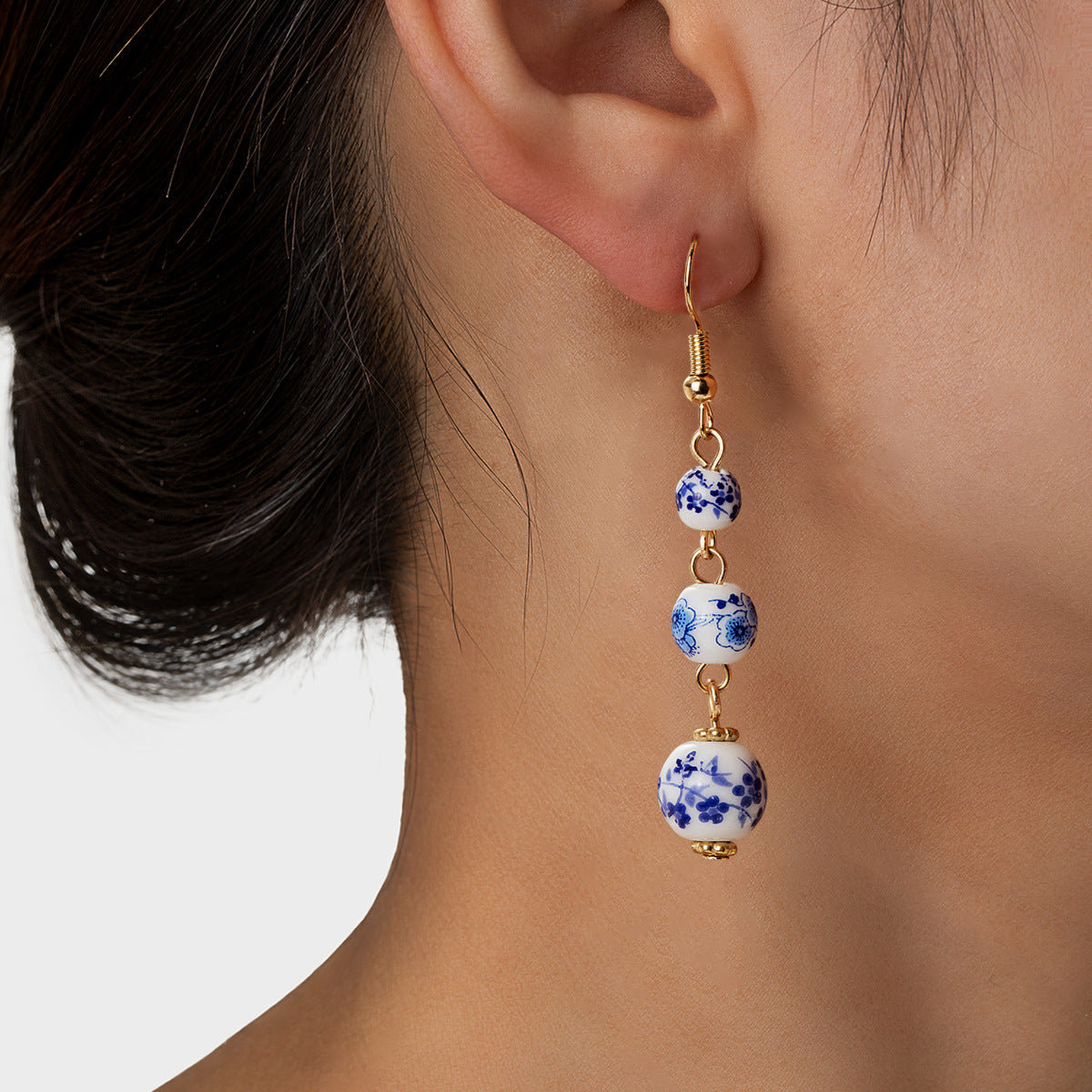 Blue And White Porcelain Ceramic Beads Long Retro Earrings