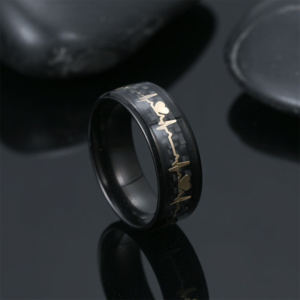 Stainless Steel Ring Heartbeat Design With Carbon Fiber