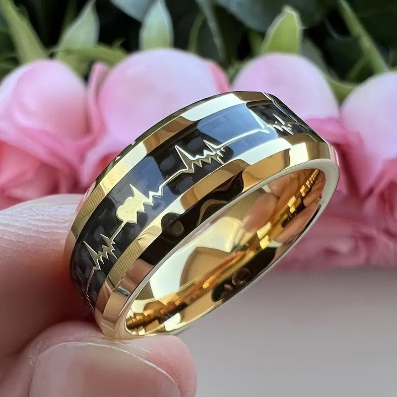 Stainless Steel Ring Heartbeat Design With Carbon Fiber