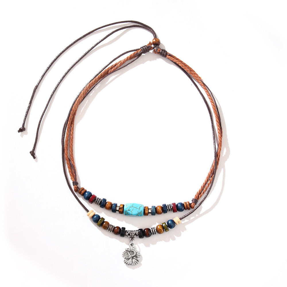Classic Wooden Bead Necklace Turquoise Wax Rope Retro Necklace