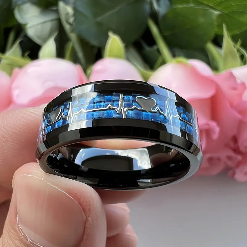 Stainless Steel Ring Heartbeat Design With Carbon Fiber