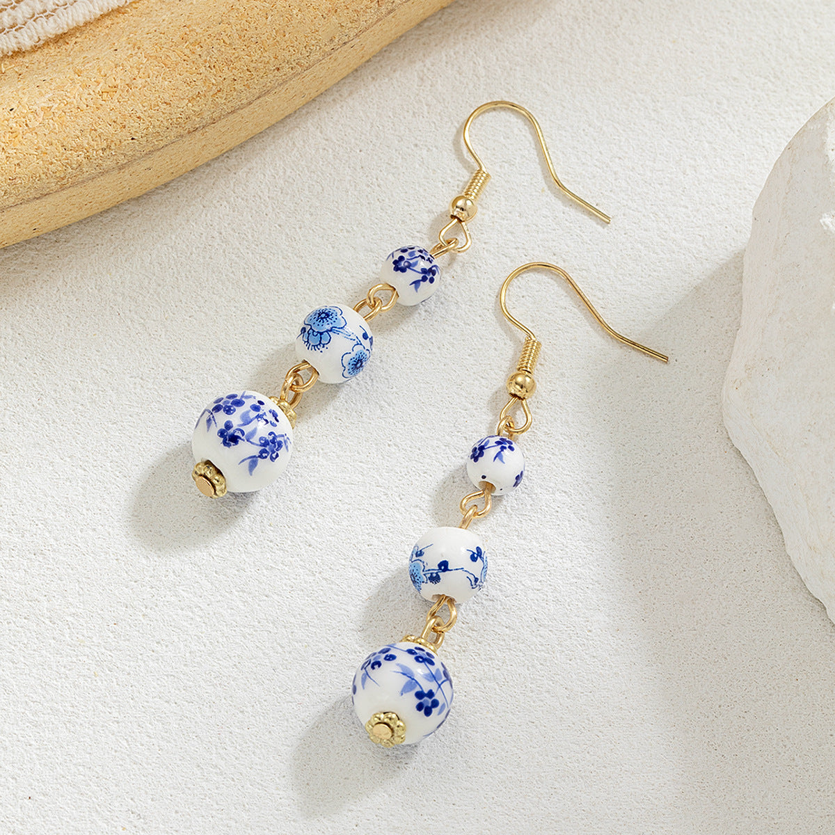 Blue And White Porcelain Ceramic Beads Long Retro Earrings