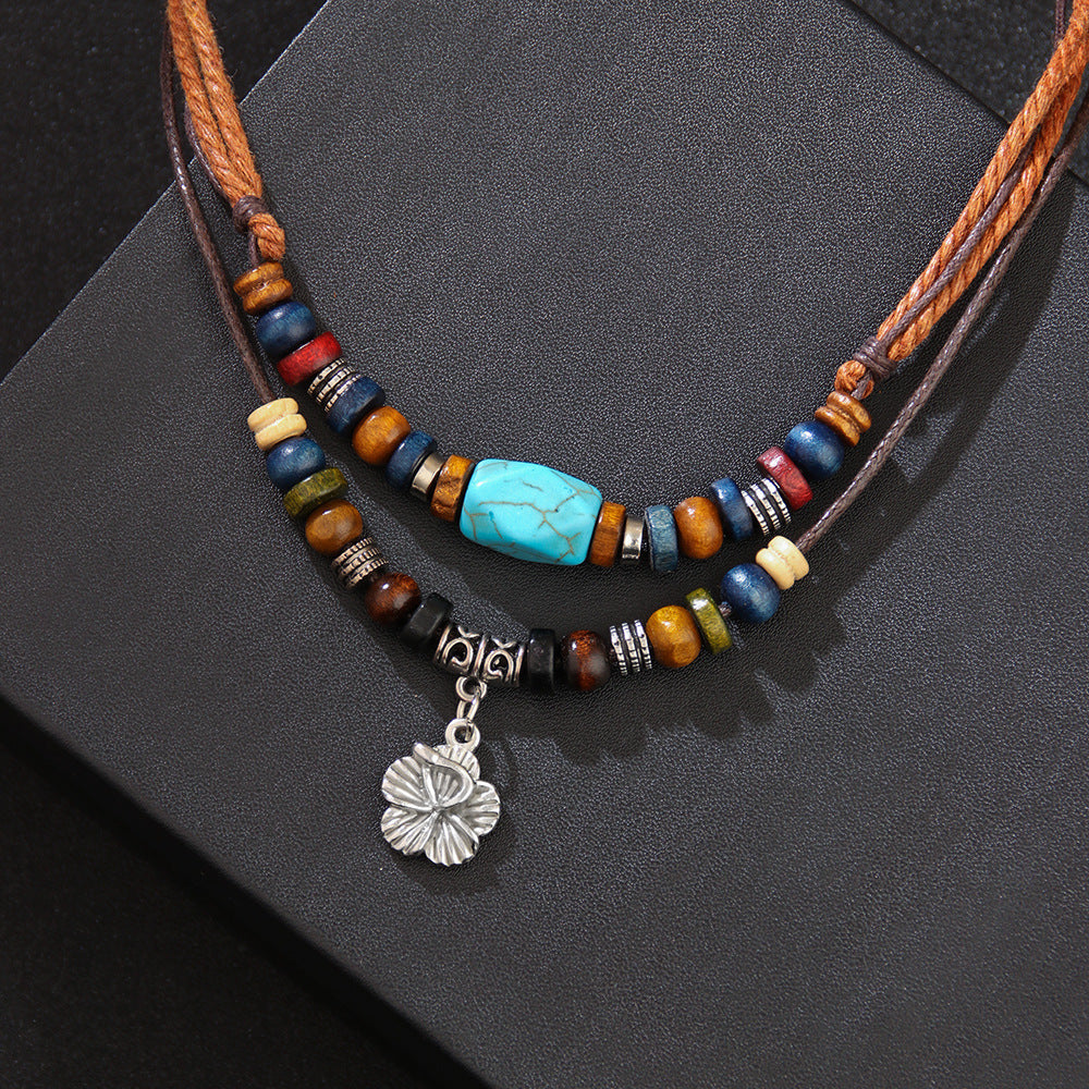 Classic Wooden Bead Necklace Turquoise Wax Rope Retro Necklace