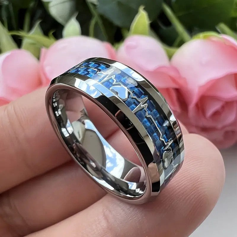 Stainless Steel Ring Heartbeat Design With Carbon Fiber