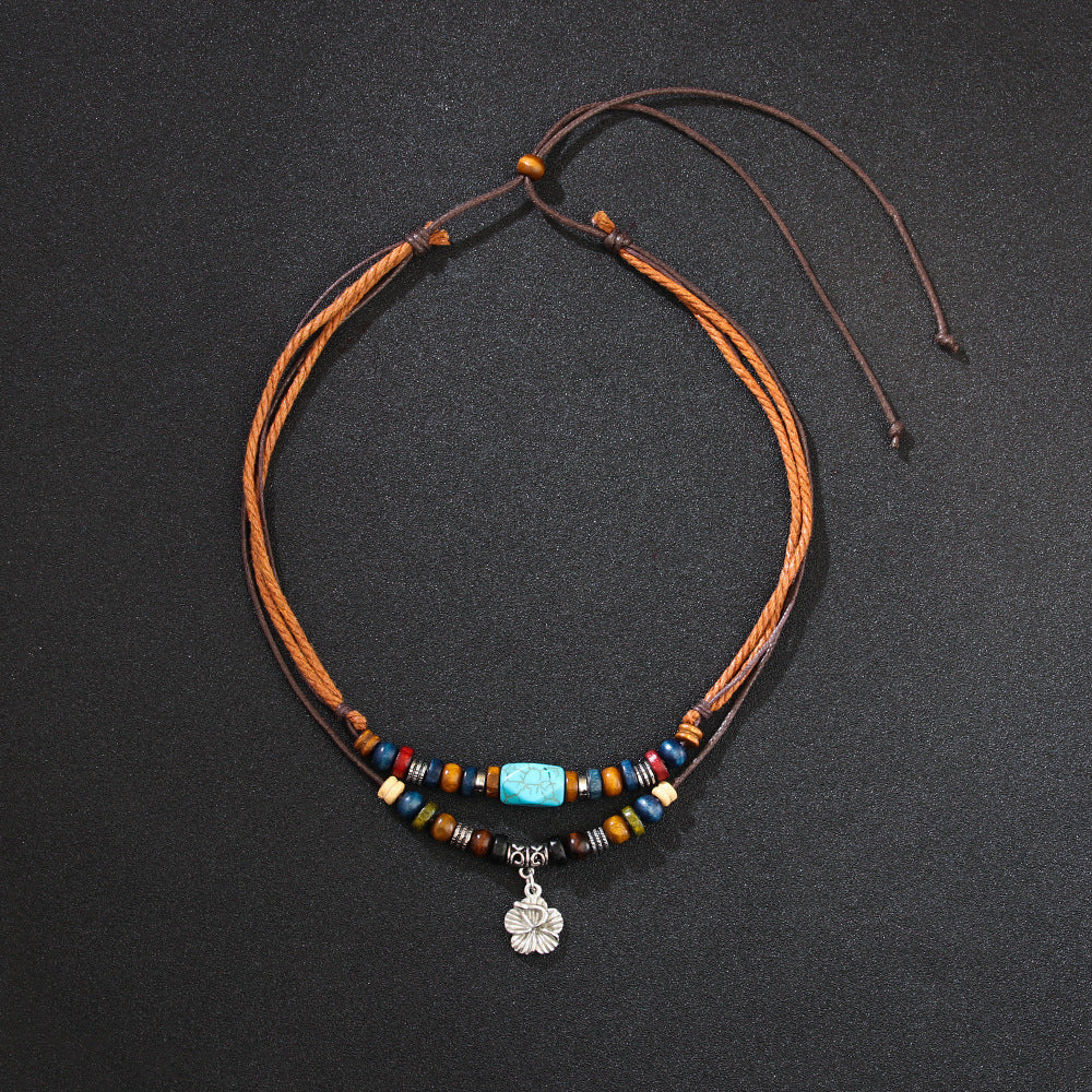 Classic Wooden Bead Necklace Turquoise Wax Rope Retro Necklace