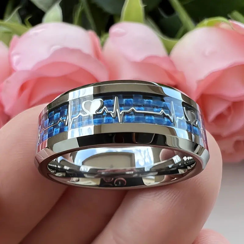 Stainless Steel Ring Heartbeat Design With Carbon Fiber