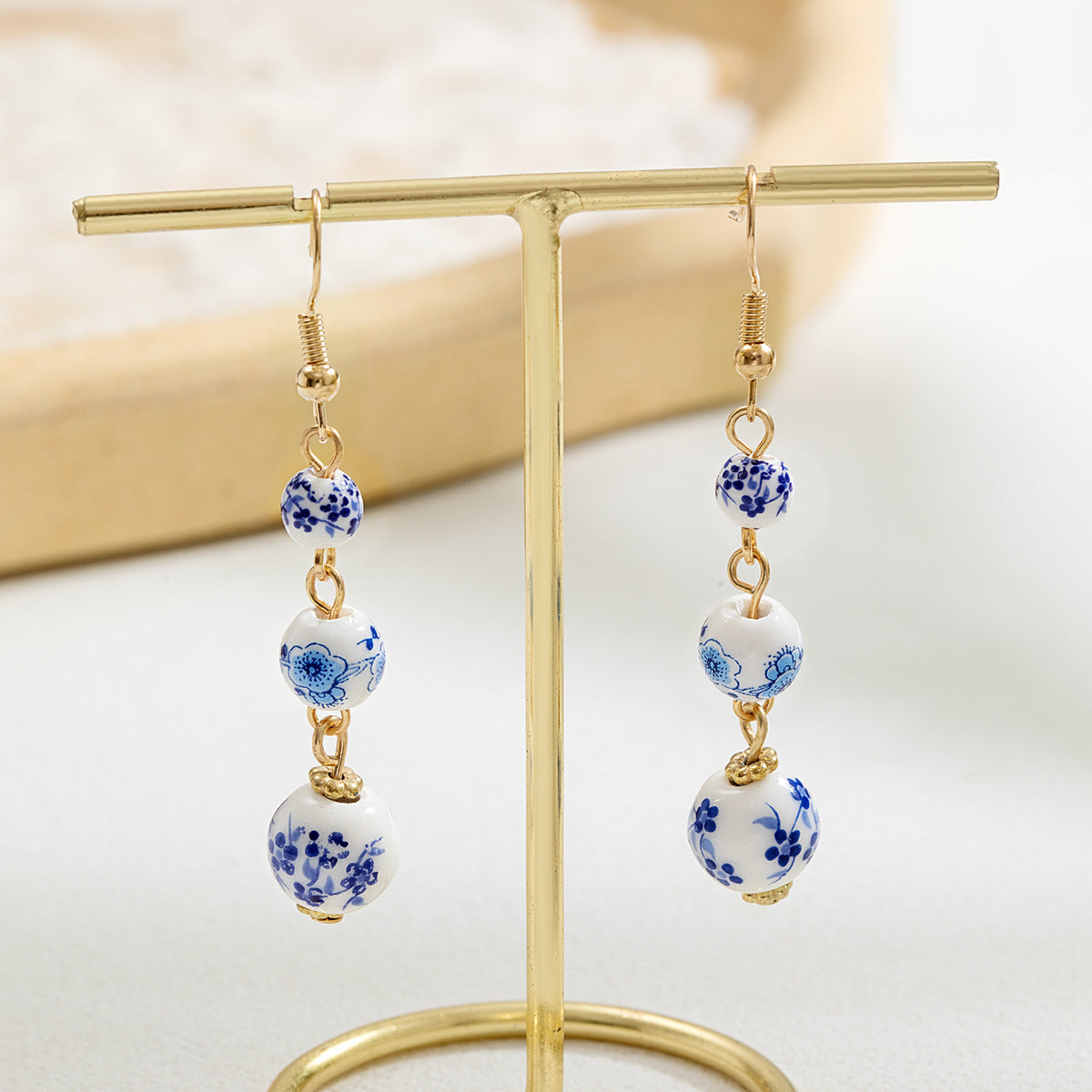 Blue And White Porcelain Ceramic Beads Long Retro Earrings
