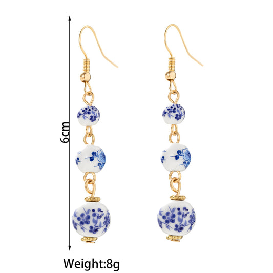 Blue And White Porcelain Ceramic Beads Long Retro Earrings