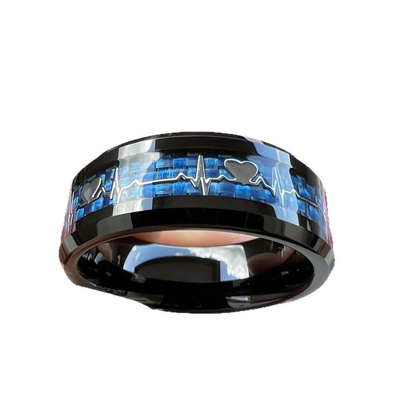 Stainless Steel Ring Heartbeat Design With Carbon Fiber