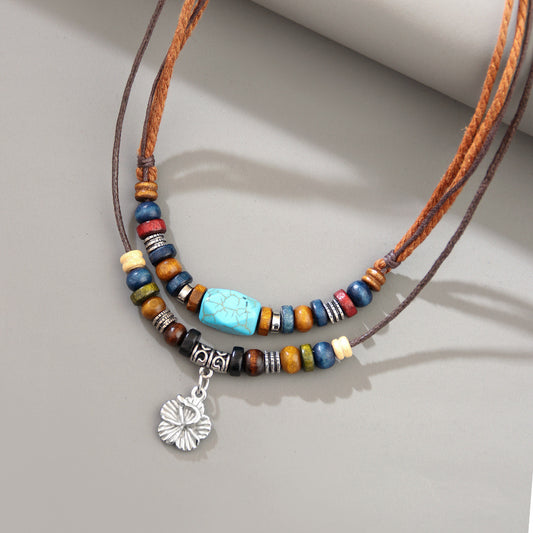 Classic Wooden Bead Necklace Turquoise Wax Rope Retro Necklace